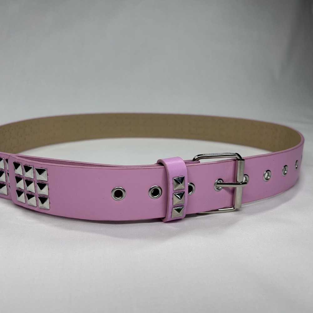Pink Faux Leather Studded Belt 3 Row Silver Pyramid Studs Punk Emo NWOT - Picture 4 of 7